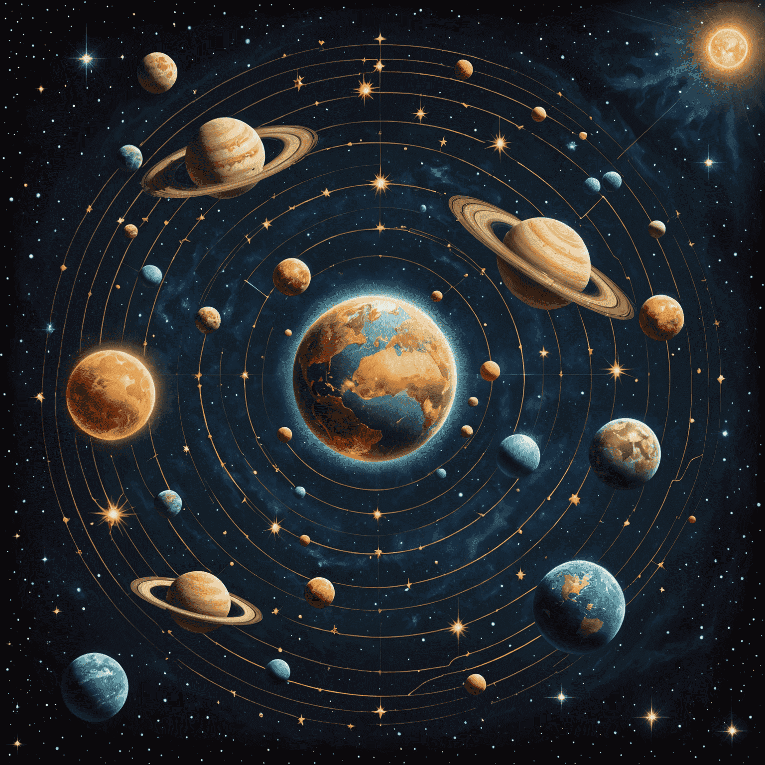 Kozmická scéna zobrazujúca planéty a hviezdy v súhvezdiach, symbolizujúca astrologické trendy roku 2024