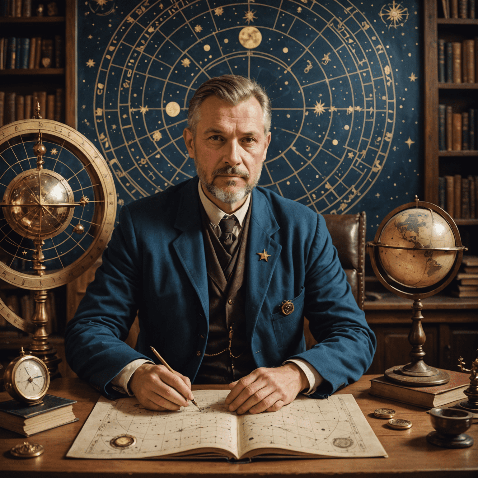 Portrét slovenského astrológa sediaceho v pracovni s hviezdnou mapou a astrologickými symbolmi v pozadí