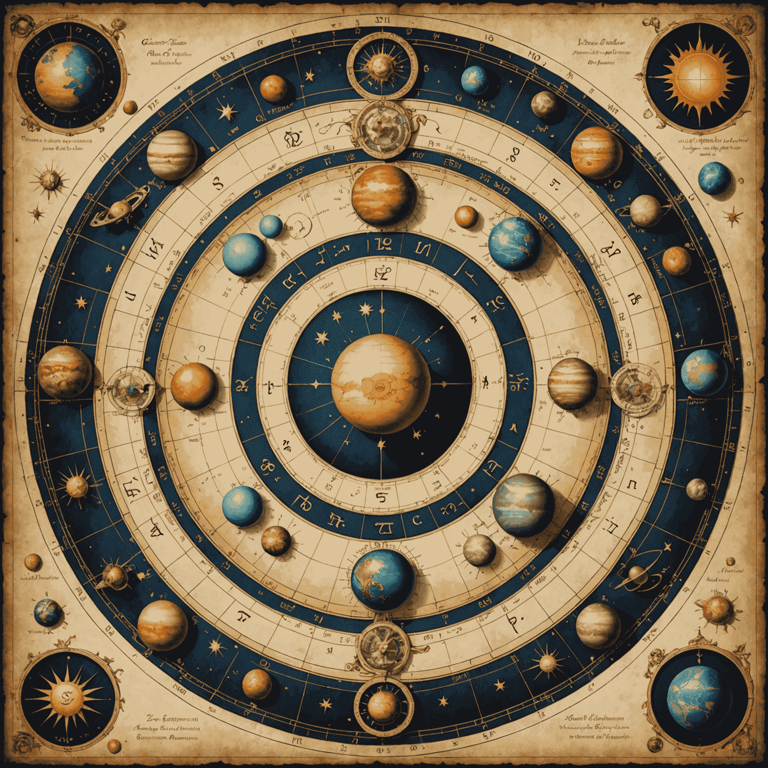 Obraz znázorňujúci astrologickú mapu s planétami a znameniami zverokruhu, symbolizujúci osobný horoskop