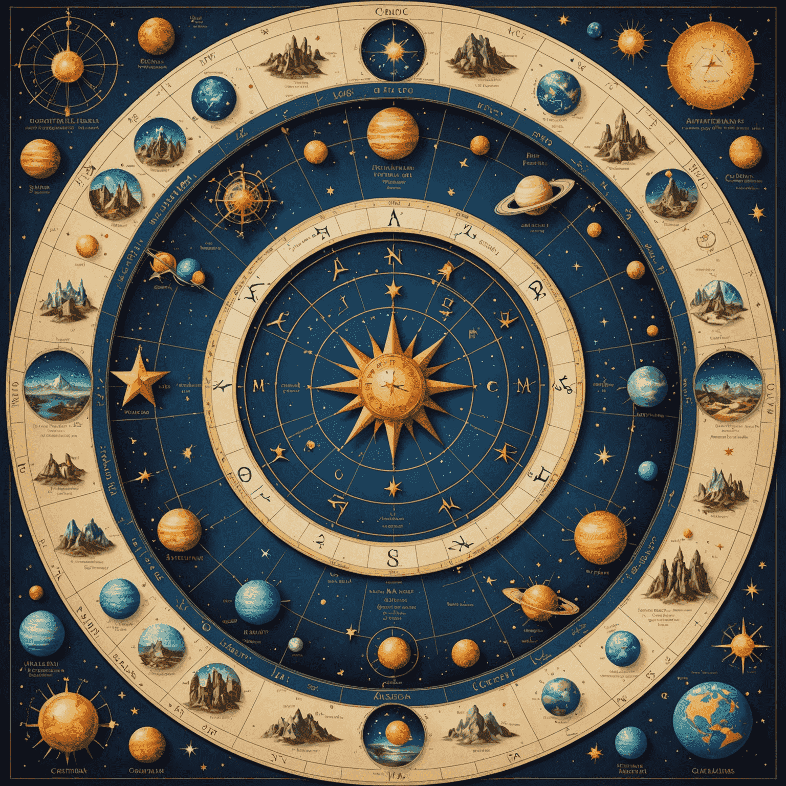 Astrologická mapa kariéry zobrazujúca rôzne planetárne vplyvy na profesijné oblasti života, s dominantnými súhvezdiami a symbolmi zodiaku