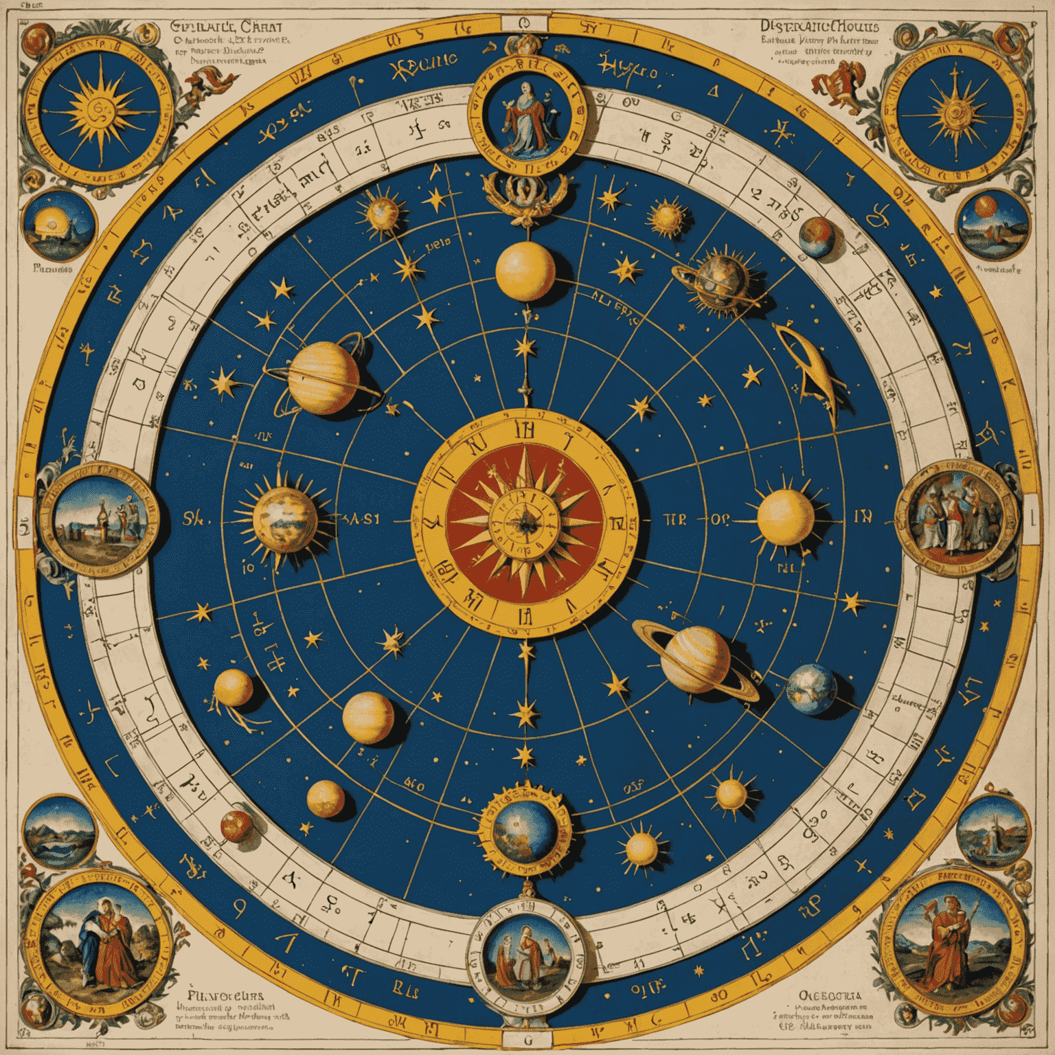 Astrologická mapa s planetárnymi pozíciami a aspektmi pre nadchádzajúci rok, zobrazujúca komplexné vzťahy medzi nebeskými telesami a ich vplyv na rôzne oblasti života