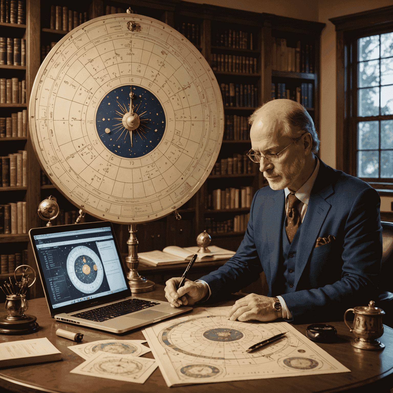 Astrologický konzultant analyzujúci natal chart klienta, s počítačom zobrazujúcim komplexnú astrologickú mapu a pracovným stolom plným astrologických kníh a nástrojov