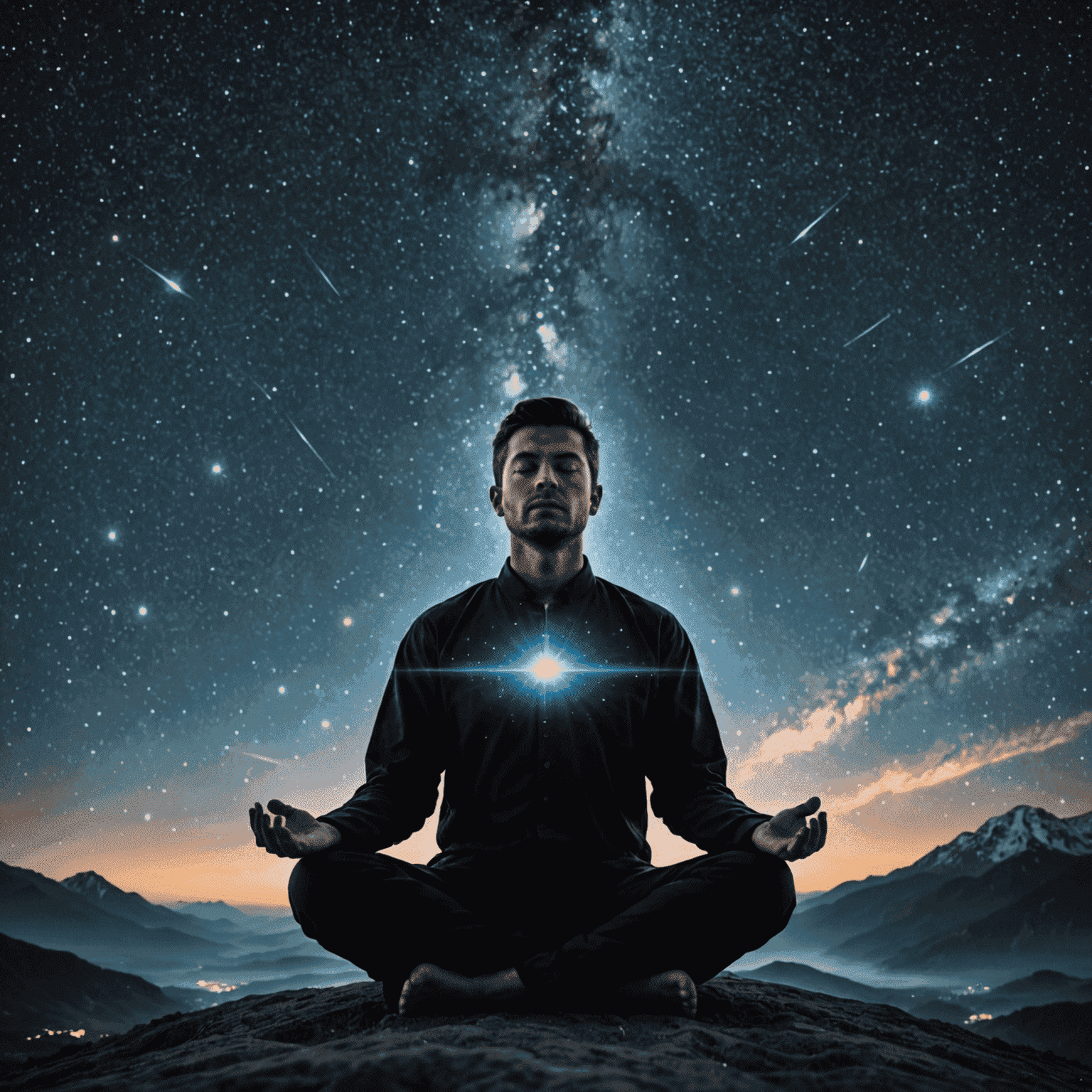 Osoba meditujúca pod hviezdnou oblohou, symbolizujúca prepojenie medzi individuálnym vedomím a kozmickými silami, ktoré sú základom astrologickej predpovede