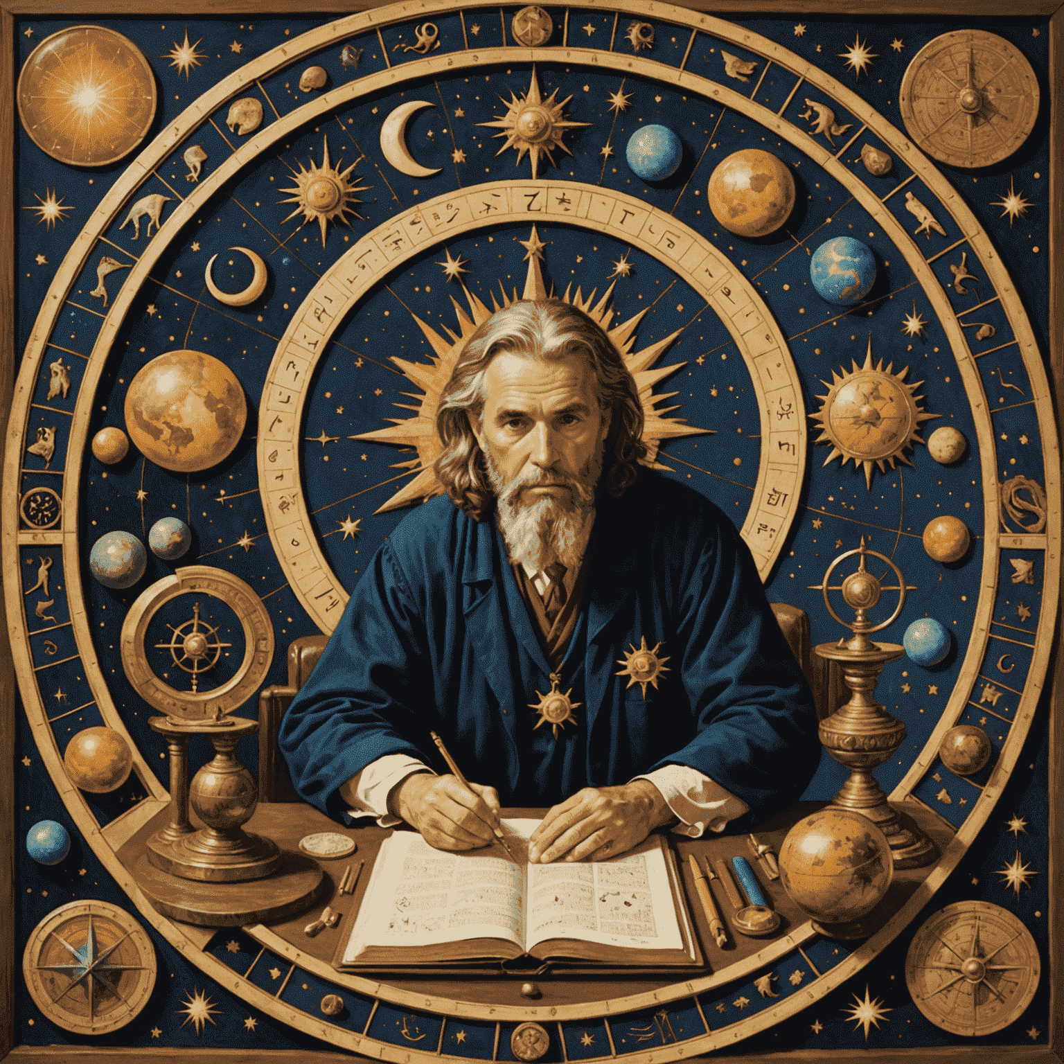 Obraz znázorňujúci astrológa pri konzultácii s klientom, obklopených astrologickými symbolmi